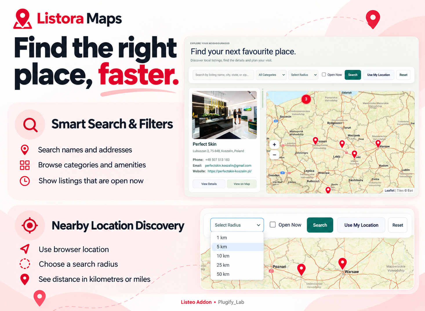 Listora Maps listing search, category filters, Open Now and nearby location discovery