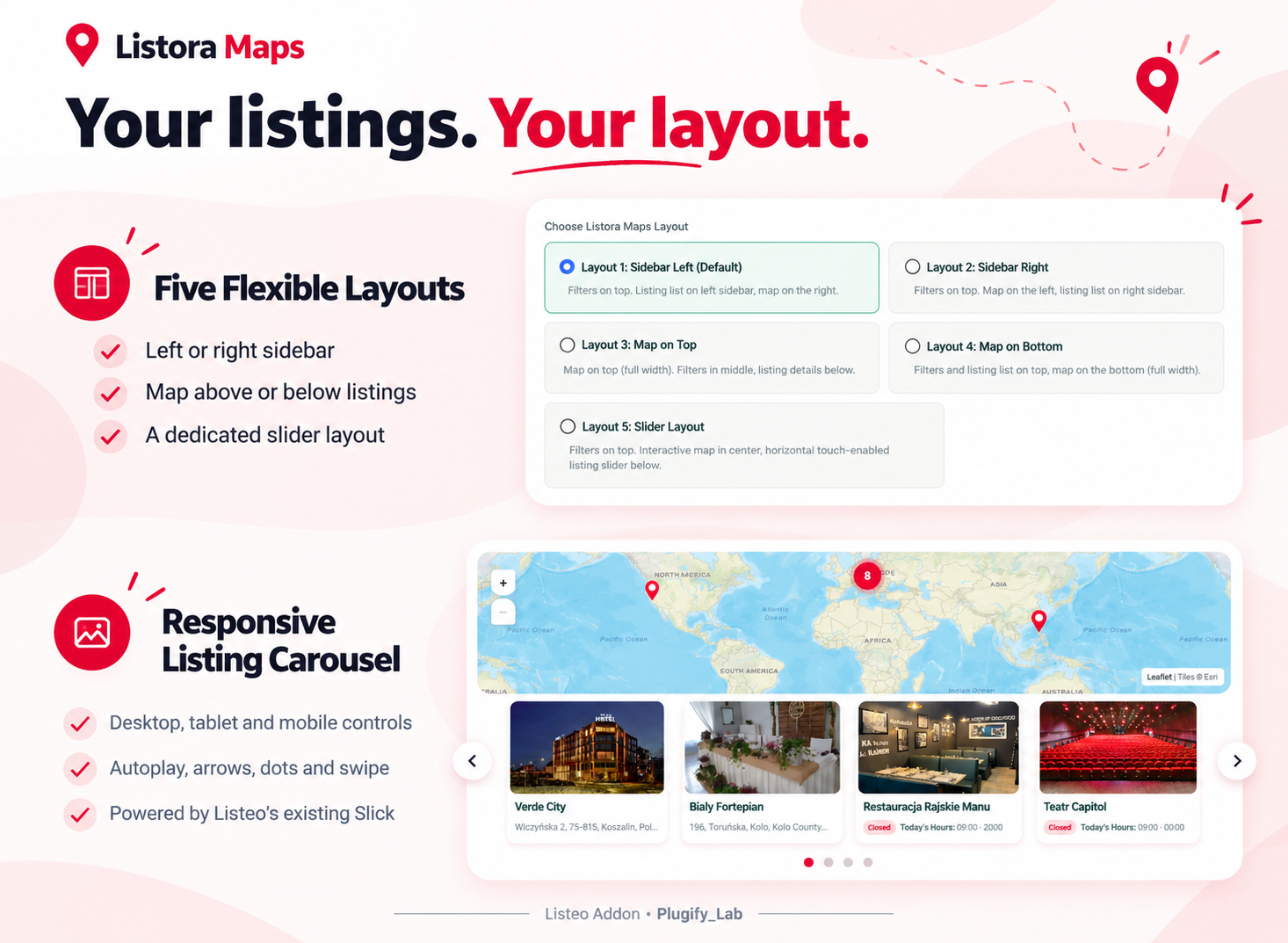Responsive Listeo map layouts and listing carousel for desktop, tablet and mobile
