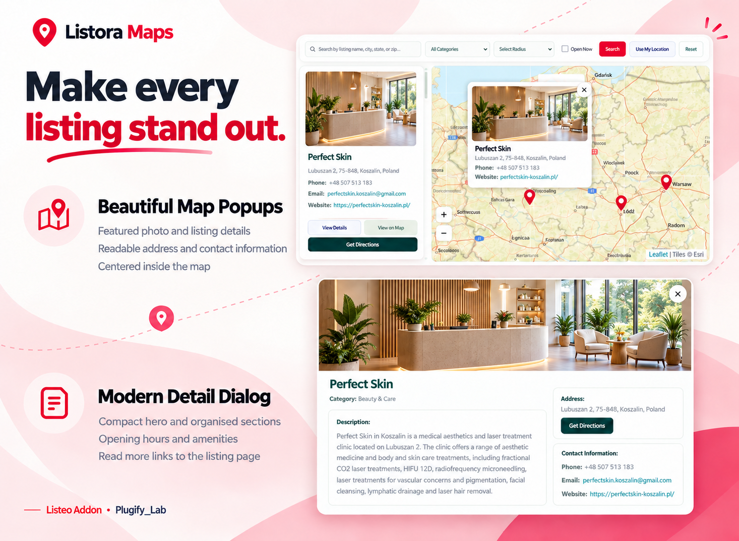 Listora Maps listing popups and detail windows with photos and contact information